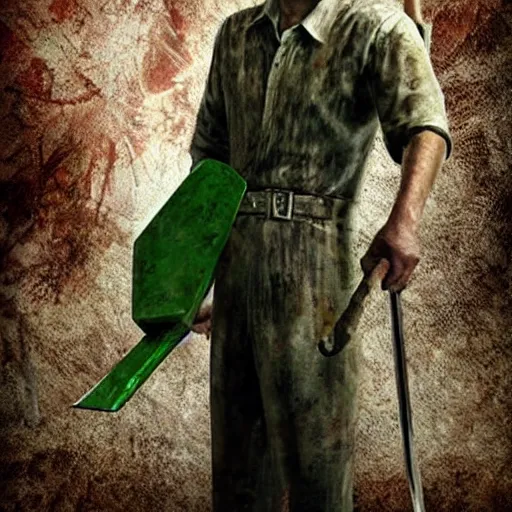 Image similar to nickolas cage holding the green axe from silent hill one, highly detailed, ultra realistic, 4 k