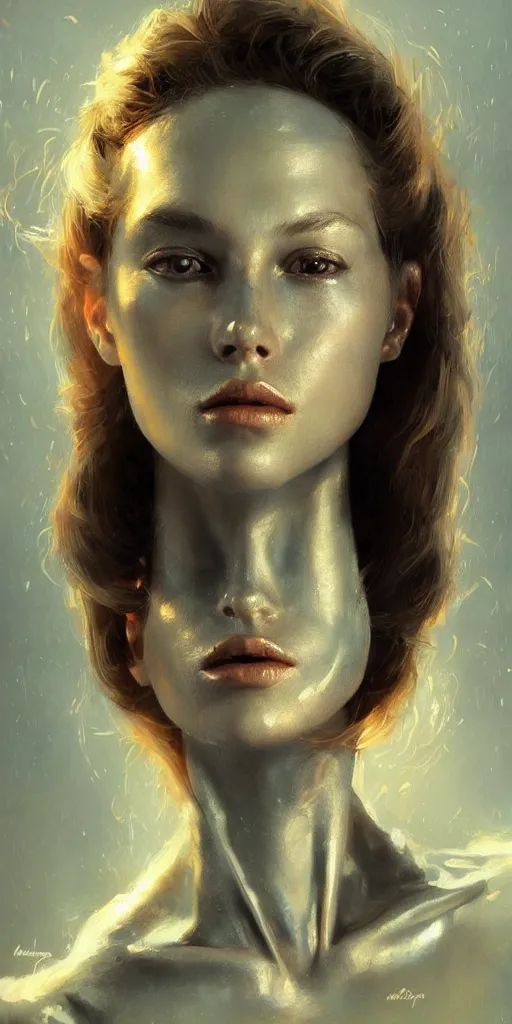 Prompt: portrait of robot galina agafonova, realistic face sculpted features, statuesque, glowing skin, chiaroscuro, angular impressionism, arabesque backdrop, natural colors, greg rutkowski