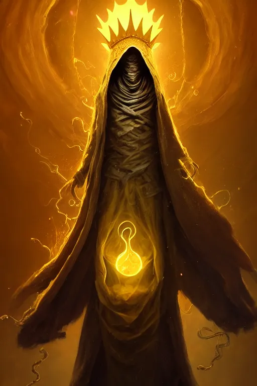 Image similar to A full body portrait of a mysterious character with no face with a very long hooded yellow cloak, a golden crown floating above his head tentacles coming out the ground art by James Paick, and Shaddy Safadi, ominous, cosmic horror, trending on artstation, Ultra detailed, hyper realistic 4k