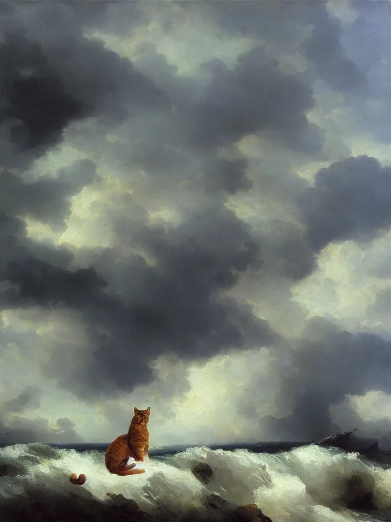Image similar to big cat in the stormy ocean, the cat is bigger than the waves, rocks, near the shore, aivazovsky style, oil painting, high quality, realism