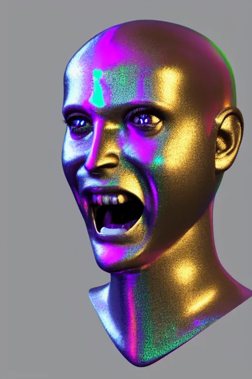 Image similar to 3d render of holographic angry human robotic screaming angry bust made of glossy iridescent, screaming, bust, surrealistic 3d illustration of a human non-binary, non binary model, 3d model human, cryengine, made of holographic texture, holographic material, holographic rainbow, concept of cyborg and artificial intelligence