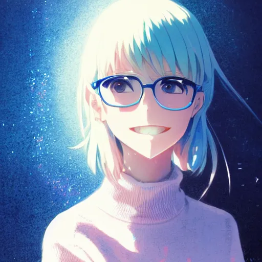 Prompt: anime cute girl in blue sweater white white pale hair black glasses blushing smile kind standing psychedelic background by greg rutkowski makoto shinkai kyoto animation key art feminine mid shot wlop madhouse, ufotable, comixwave films, trending on artstation