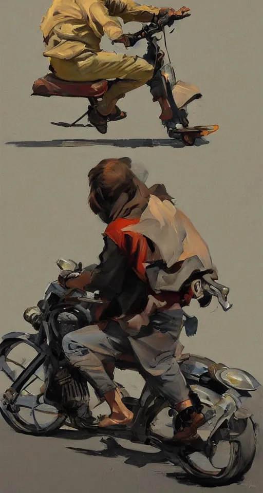 Image similar to greg manchess portrait painting of old man on moped motorbike, medium shot, asymmetrical, profile picture, organic painting, sunny day, matte painting, bold shapes, hard edges, street art, trending on artstation, by huang guangjian and ail elvgren and sachin teng