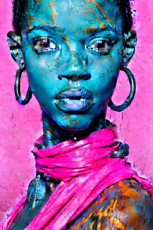 Image similar to portrait of a stylized african young lady, painted in acrylic, pigment textures, wet paint, in the colors hot pink and cyan, beautiful realistic face, rule of thirds, spotlight, by greg rutkowski, by jeremy mann, by francoise nielly, by van gogh, by ross tran, in focus