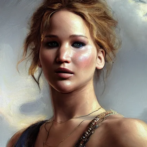 Prompt: portrait of Jennifer Lawrence in the style of The Sacrifice of Abraham by Rembrandt, oil painting, masterpiece, old master, grand master, symmetrical facial features, intricate, elegant, digital painting, concept art, smooth, sharp focus, illustration, from StarCraft by Ruan Jia and Mandy Jurgens and Artgerm and William-Adolphe Bouguerea