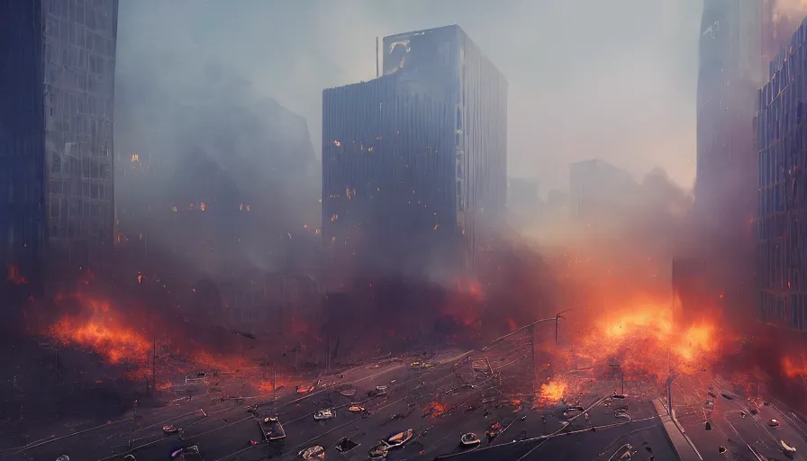 Prompt: Riot in Los Angeles with burning damaged buildings, ashes and smoke columns, dust and fog, hyperdetailed, artstation, cgsociety, 8k