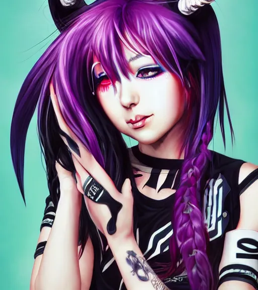 Prompt: ibuki mioda, a japanese punk girl with hair horns and streaked hair, rocking out, awesome, art by stanley lau, artgerm, rossdraws, ross tran, sakimichan, cyarine, beautiful art