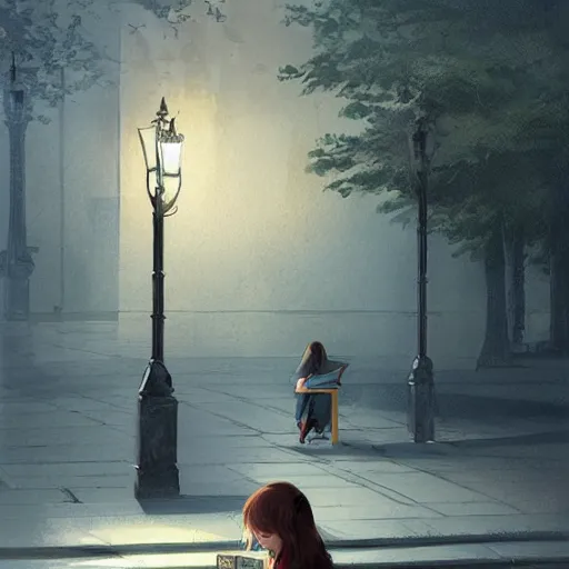 Image similar to a girl reading a book, city park, street lighting, greg rutkowski, digital painting