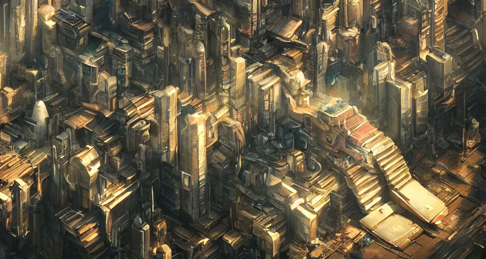 Image similar to hyper realistic sci - fi matte concept art painting of utopian paradise city made from giant stacks of disks, beautiful details, low angle, strong composition painted by andree wallin, smooth, intricate, detailed, sharp focus, cinematic