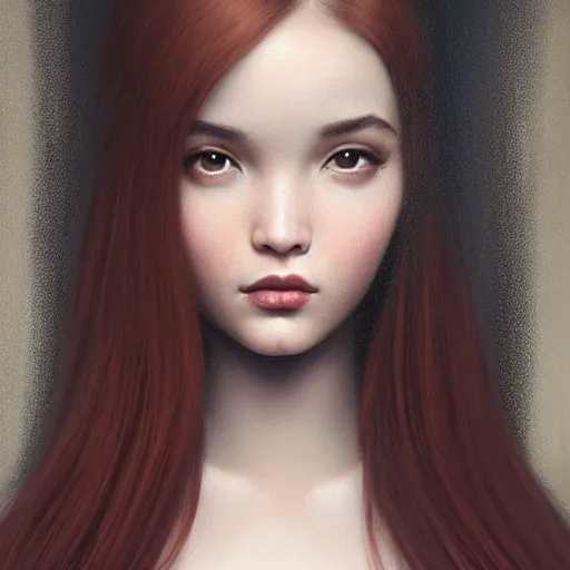 Prompt: tom bagshaw portrait, asian mix of dove cameron madison beer bella poarch in a full dress with long thin lustrous auburn hair, professionally retouched, focus eyes, ultra realistic soft painting, insanely detailed linework, symmetrical accurate intricate features, behance, 8 k