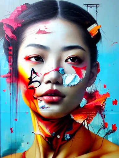 Prompt: portrait of an asian woman painted by artgerm, karol bak, artur bordalo, sandra chevrier : : portrait, vibrant, character, illustration, street art, graffiti