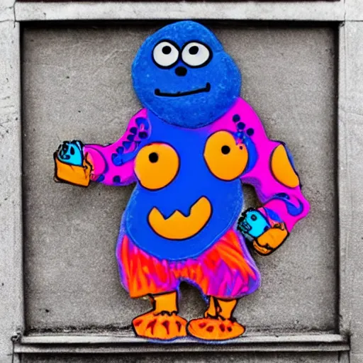 Image similar to psychedelic cookie-monster gangsta-loco, jiving and hanging on the block corner, WORD-UP