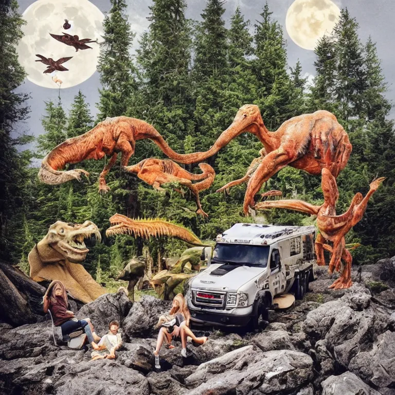 Prompt: photo, hyper detailed, neanderthal people, first contact with aliens!, eating sushi, surrounded by dinosaurs!, gigantic forest trees, sitting on rocks, bright moon, ice! cream! truck!