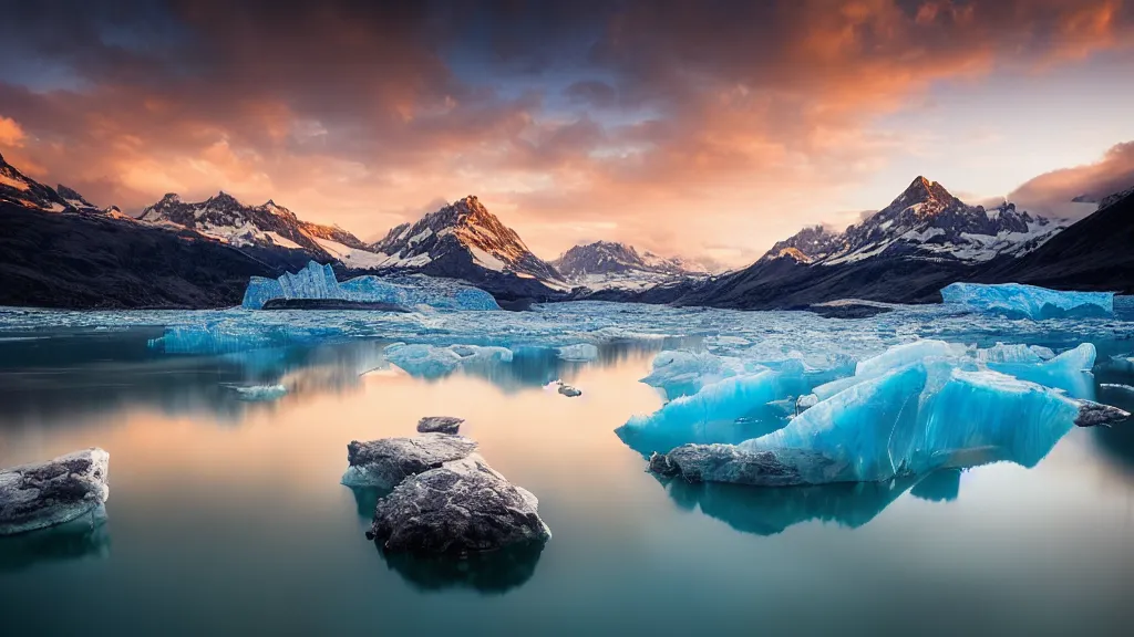 Image similar to amazing landscape photo of a glacier with lake in sunset by marc adamus, beautiful dramatic lighting