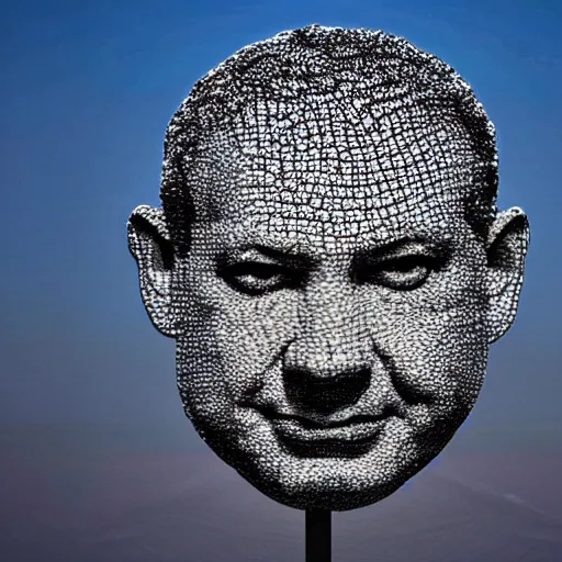 Image similar to a giant benjamin netanyahu head sculpture in the sea made out of thousands of small eyes, long shot, hyper detailed, hyper realistic, ray tracing, 8 k resolution, sharp focus, realistic water, award winning