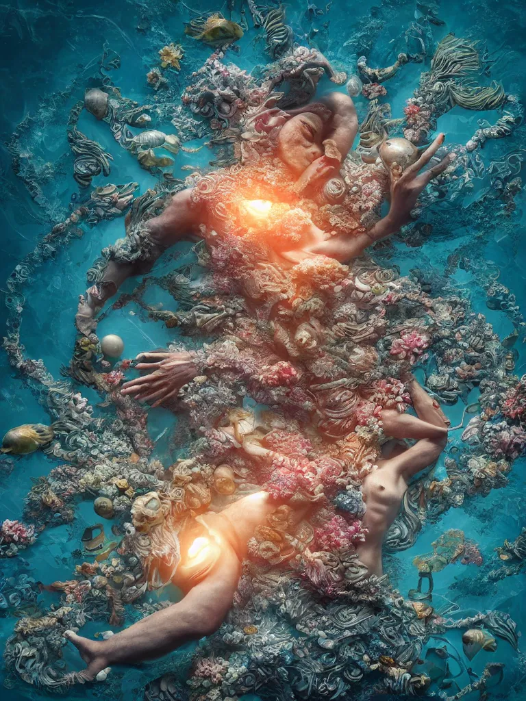 Image similar to a sculpture of fish ocean intertwined, led lighting, a lovely cornucopia of flowers and human body parts, body parts, highly detailed, octane render, cinematic, shock, sharp focus, ball, an independent psycho, clean, studio lighting