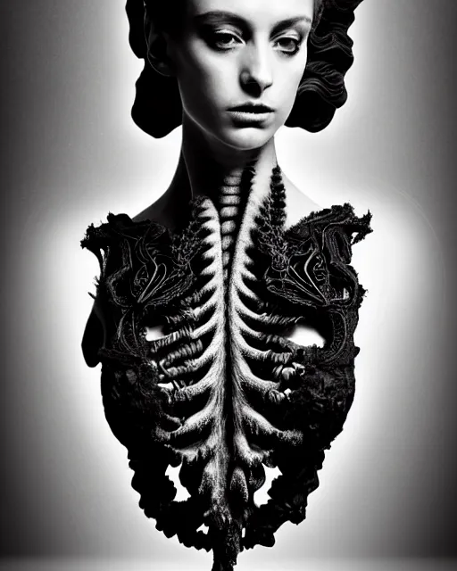 Image similar to dark background, a black and white high quality dreamy photo of a young beautiful female queen-dragon-vegetal-orchid-mineral-cyborg bust with a very long neck and delicate Mandelbrot fractal face, elegant, highly detailed, flesh highly baroque ornate, hair are curled wired cables, elegant, poetic, soft, dreamy, mysterious, high fashion, rim light, in the style of Ellen von Unwerth, Realistic, Refined, Digital Art, Highly Detailed, Cinematic Lighting, rim light, black and white, photo-realistic, 8K