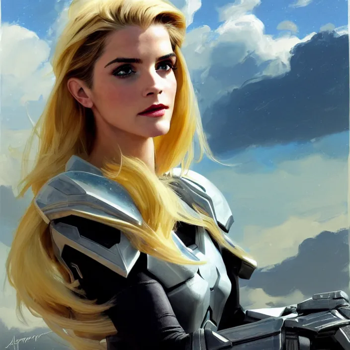 Image similar to portrait of a combination of Ashley Greene, Adriana Dxim, Grace Kelly and Emma Watson with blonde hair wearing Interceptor's armor from Anthem, countryside, calm, fantasy character portrait, dynamic pose, above view, sunny day, thunder clouds in the sky, artwork by Jeremy Lipkin and Giuseppe Dangelico Pino and Michael Garmash and Rob Rey and Greg Manchess and Huang Guangjian, very coherent asymmetrical artwork, sharp edges, perfect face, simple form, 100mm