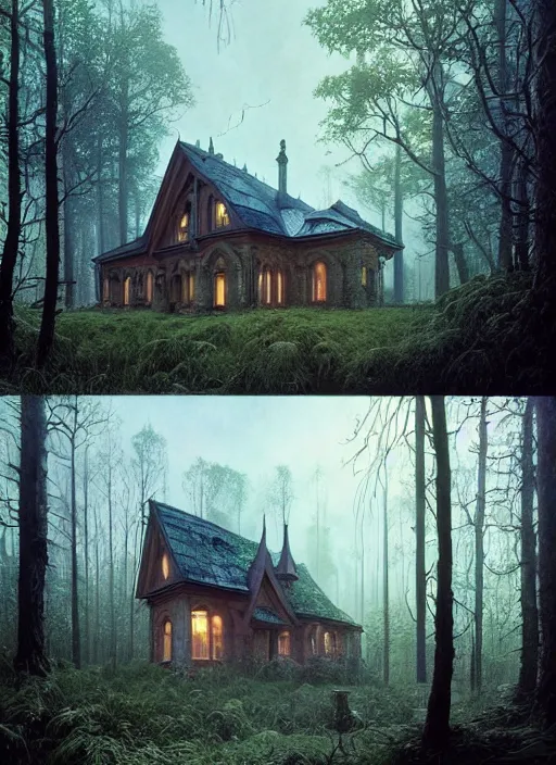 Image similar to hyper realistic witchy modern gothic house with mood lighting and tech in the woods gorgeous lighting, sunbeams blue sky, highly detailed, lush forest foliage painting by zdzisław beksinski and norman rockwell and greg rutkowski weta studio, and lucasfilm