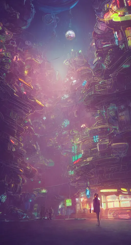 Image similar to beautiful low angle painting of an alien world with sleek architecture, steampunk, ground made of multicolour flowers, neon lights, a tiny girl watching on, in the style of junji ito, elegant, highly detailed, digital painting, artstation, cinematic lighting, glowing light and shadows, trending on artstation, octane render