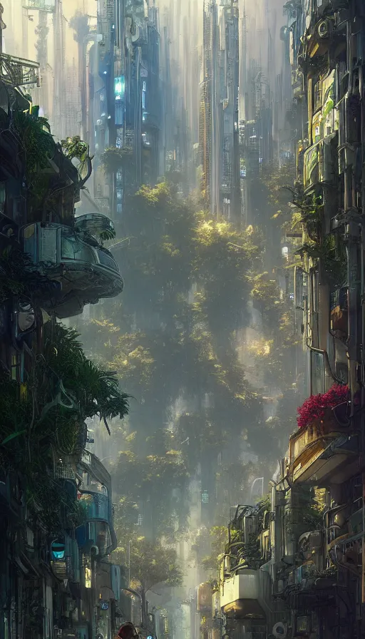 Image similar to hyper realistic cyberpunk city, overtaken by lush plants, gnarly trees by tom bagshaw, mucha, gaston bussiere, craig mullins, j. c. leyendecker 8 k