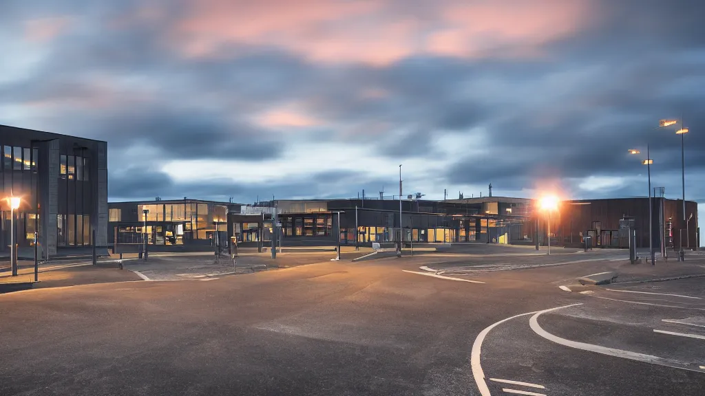 Prompt: reykjavik junior college, sunset lighting, rim light, hyper realistic, cinematic frame