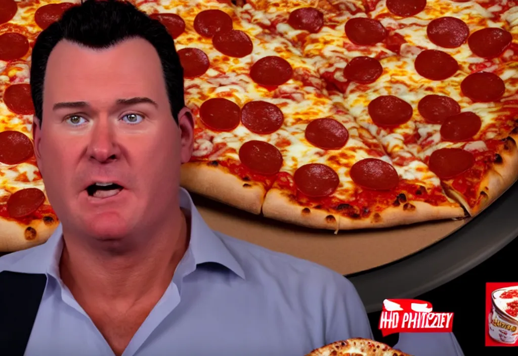 Prompt: a close-up HD photo of John Schnatter sweating pizza grease, cinematic, volumetric lighting, highly detailed, 8k