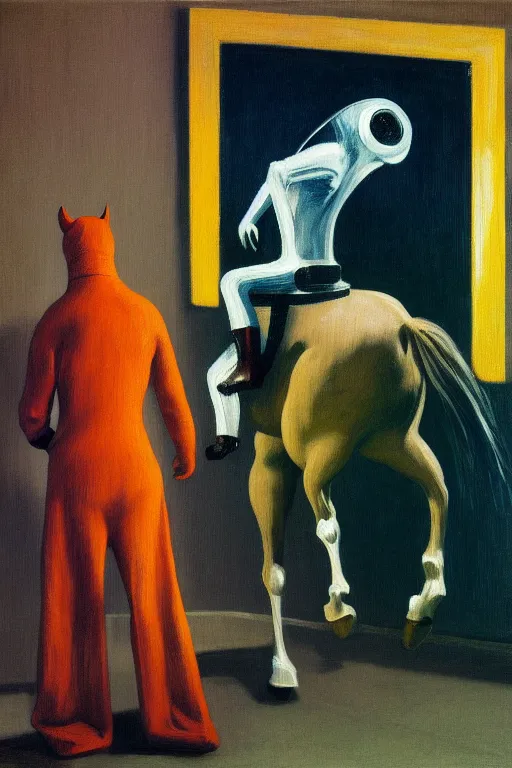 Prompt: man in horse costume, horse in costume astronaut, horse racing, hauntingly surreal, highly detailed painting by francis bacon, edward hopper, adrian ghenie, gerhard richter, and james jean soft light 4 k,