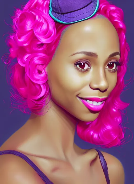 Image similar to portrait of young vanessa morgan with bright pink hair, black girl, vanessa morgan, curly pixie cut hair, wearing purple newsboy cap, newsboy cap, subtle smile, hoop earrings, intricate, elegant, glowing lights, highly detailed, digital painting, artstation, concept art, smooth, sharp focus, illustration, art by wlop, mars ravelo and greg rutkowski