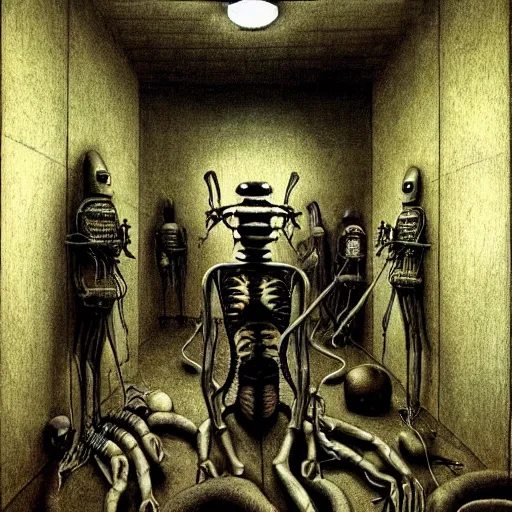 Image similar to a hyperrealistic painting of an alien surgery, robotic doctors, by john kenn mortensen and zdzislaw beksinski, highly detailed, vivid color,