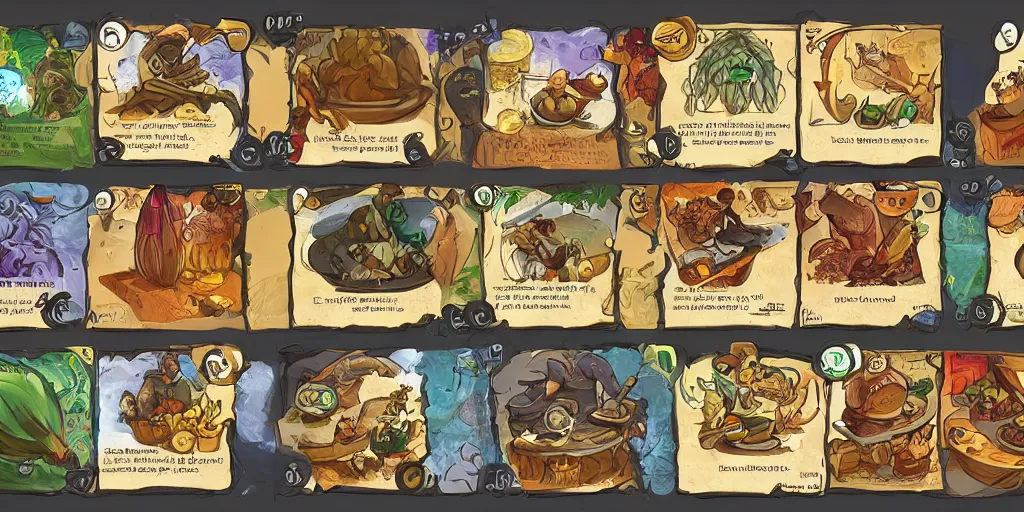 Image similar to card design concept art for a fantasy game about chefs and food and monsters, symmetrical, magic, by settlers of catan and cosmic encounters and fantasy fights