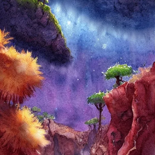 Image similar to beautiful lush natural scene on another planets cliffs, with interesting creatures. different than earth but beautiful. lightfall. beautiful detailed artistic watercolor. trending on artstation and deviantart.