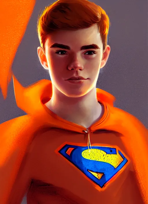 Image similar to friendly teenage archie andrews wearing an orange superhero costume, freckles, superhero costume with heart emblem, cape, intricate, elegant, glowing lights, highly detailed, digital painting, artstation, sharp focus, illustration, art by wlop, mars ravelo and greg rutkowski