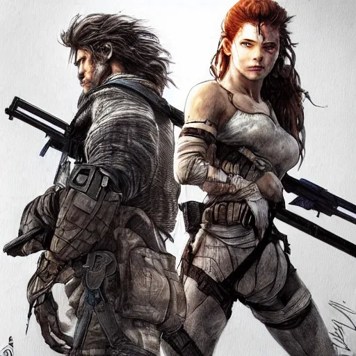 Prompt: solid snake and aloy standing back to back, posing, medium shot, natural lighting, digital art, illustration, highly detailed, photorealistic, by luis royo,