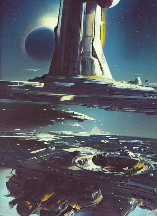 Image similar to understated. distant. negative space dominant. vast. empty. spacious bg. minimalistic piece. simplified environment. lonely cosmos. single ship as main subject. masterpiece book cover illustration by the great famous sci - fi artist john berkey.