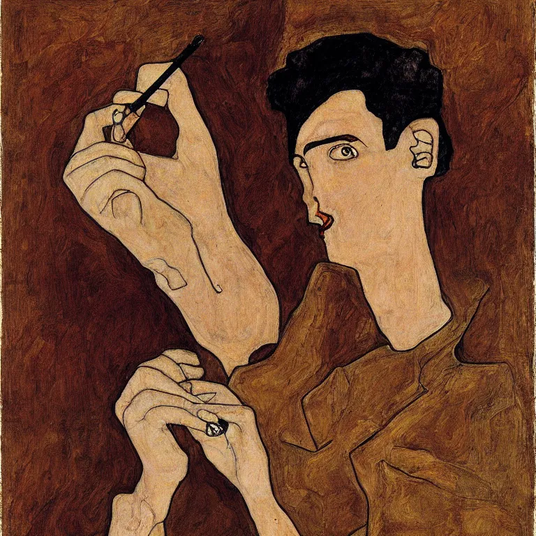 Image similar to portrait of a loner smoking a cigarette by egon schiele