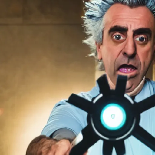 Image similar to Rick Sanchez as a real-life person, studio portrait, real-life-action movie star, holding a portal gun, opening a portal, Rick Sanchez