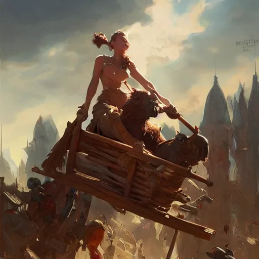 Prompt: goblin riding in a rickety wooden cart holding a lance, organic painting, sunny day, matte painting, bold shapes, hard edges, street art, trending on artstation, by huang guangjian, gil elvgren, ruan jia, greg rutkowski, gaston bussiere