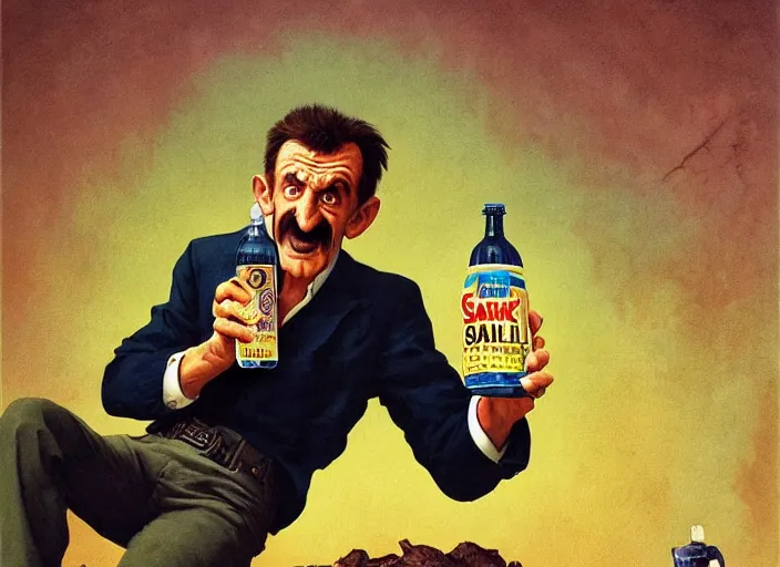 Image similar to barry chuckle drinking a bottle of snake oil, snake oil advertisement from 1 9 8 8, artwork by greg rutkowski and richard corben, 3 d, high resolution 8 k