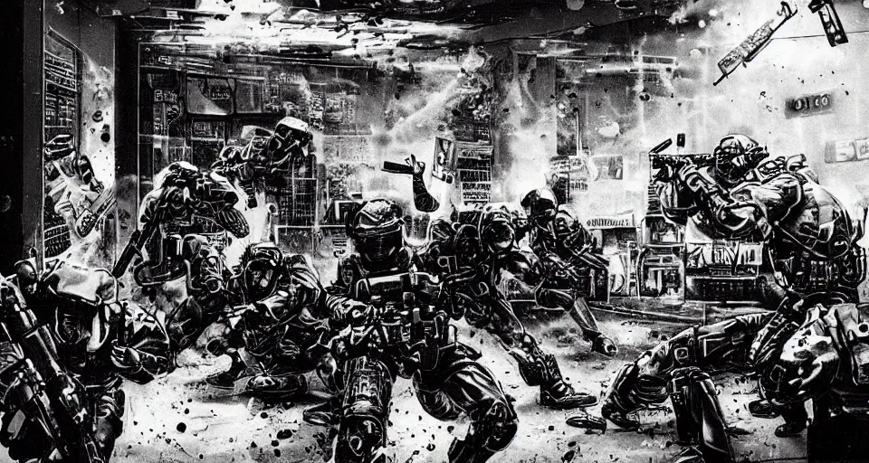 Prompt: 1987 Video Game Concept Art for Neo-tokyo Cyborg bank robbers vs police, Set inside of Office, Multiplayer set-piece Ambush, Tactical Squads :10, Police officers under heavy fire, Suppressive fire, Pinned down, Destructible Environments, Gunshots, Headshot, Bullet Holes and Anime Blood Splatter, :10 Gas Grenades, Riot Shields, MP5, AK45, MP7, P90, Chaos, Anime Machine Gun Fire, Gunplay, Shootout, :14 FLCL + Akira, Cel-Shaded:15, Created by Katsuhiro Otomo + Studio Gainax + Trending on Artstation: 20