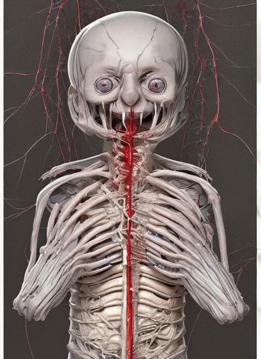 Image similar to Doraemon with translucent skin, visible muscles and veins and arteries and bones and spines and nerves, beautiful detailed intricate insanely detailed octane render, 8k artistic photography, photorealistic, chiaroscuro, by David Cronenberg, Raphael, Caravaggio