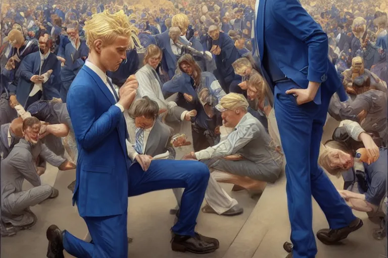 Prompt: a blond man in a blue suit wounded and kneeling surrounded by a crowd, intricate, elegant, ultra realistic illustration, highly detailed, digital painting, artstation, concept art, smooth, sharp focus, illustration, art by artgerm and greg rutkowski and alphonse mucha