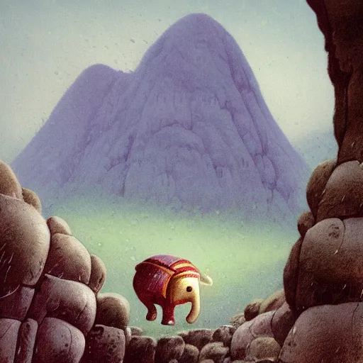 Image similar to purple elephant running stuck in a cave, close up camera angle, raining, mountain behind meadow, menacing, illustration, detailed, smooth, soft, cold, by Adolf Lachman, Shaun Tan, Surrealism