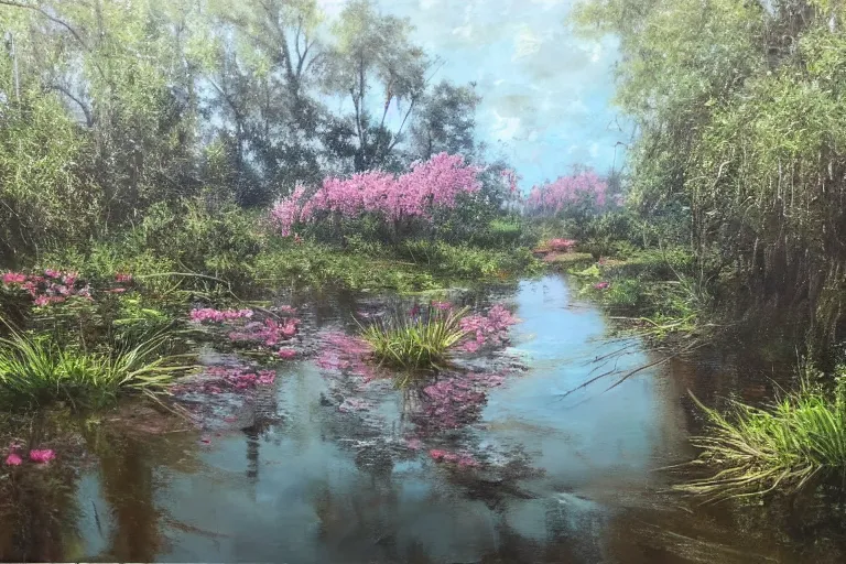 Image similar to hyperrealism oil painting, scene from louisiana swamps, spaceship sank, spring blooming flowers garden, true detective, artwork 8 0 s japanese sci - fi books art