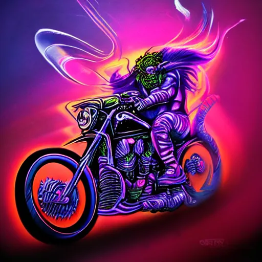 Prompt: psychedelic blacklight airbrush artwork, motorcycle, hyper stylized action shot of an orc biker riding a motorcycle, clear focused details, soft airbrushed artwork, black background, cgsociety, artstation