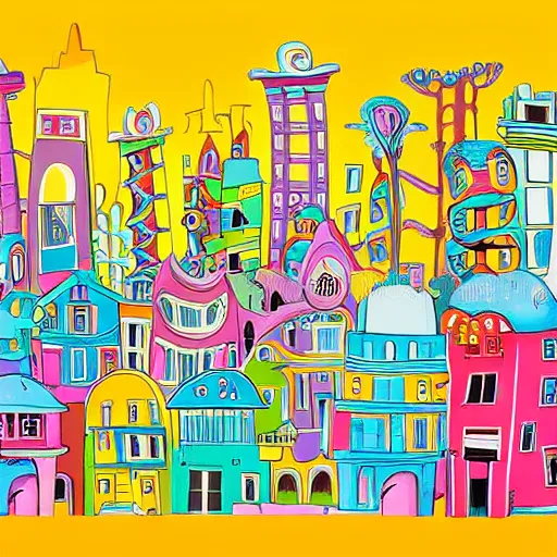 Prompt: fanciful city filled with curvy buildings, by dr seuss, towers, platforms, arches, bridges, stairs, colorful kids book illustration