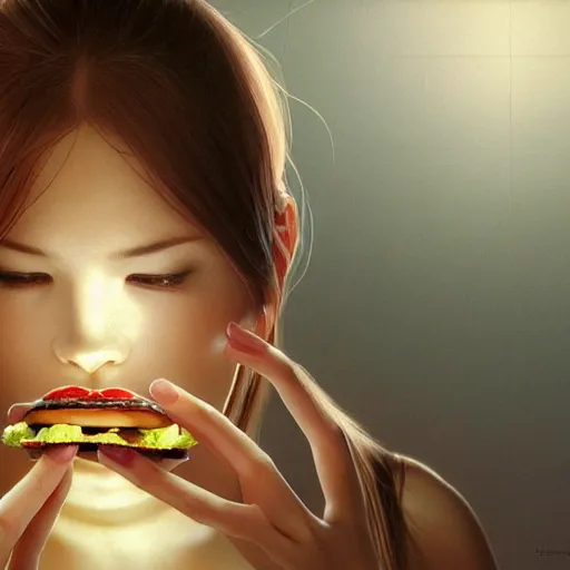 Prompt: an attractive serene cute android eating a hamburger, luscious sesame seed buns with extra ketchup pickles and onions, partially human , partially biomedical design , natural atmosphere, great high details, highly reaslitic, cinematic lighting, intricate, elegant, super highly detailed, art station, concept arD, beautiful, delicate, art by artgerm and greg rutkowski and alphonse mucha and loish and WLOP