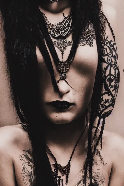 Prompt: Medium close-up photo of a pretty Goth girl wearing a large Ankh necklace, long dark hair, dark colors, tattoos, soft lighting, rich cinematic atmosphere, poster, 8k
