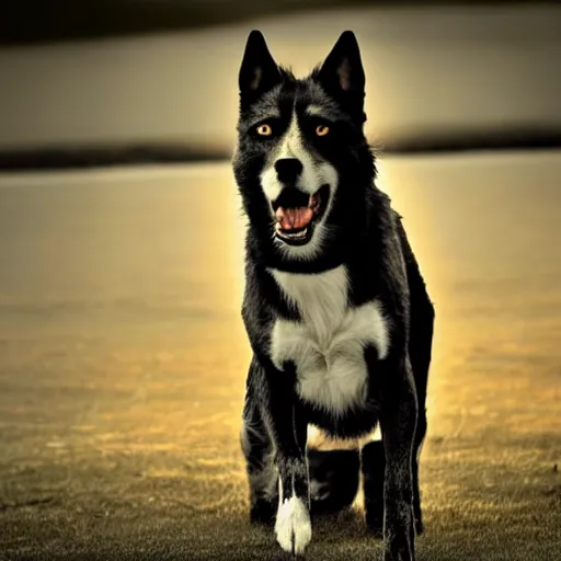 Image similar to barking angry dog photo dramatic lighting