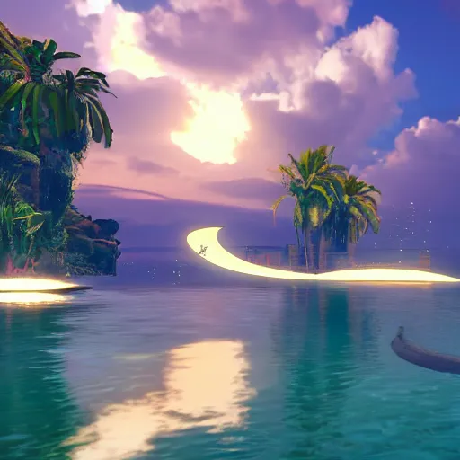 Image similar to Floating palace, moon reflecting on the water, thunderstorm, greek pool, beach and Tropical vegetation on the background major arcana sky, gta v screenshot, pc gta 5 videogame, hyperrealistic 8k, award-winning, very very very detailed